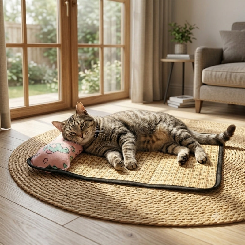 Tapis Rafraîchissant d'Été pour Chat en Rotin Naturel — Fraîcheur Naturelle Sans Gel, Sans Chimie