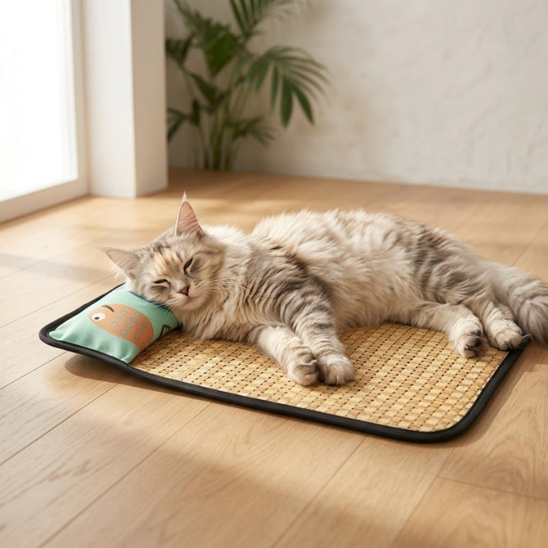 Tapis Rafraîchissant d'Été pour Chat en Rotin Naturel — Fraîcheur Naturelle Sans Gel, Sans Chimie