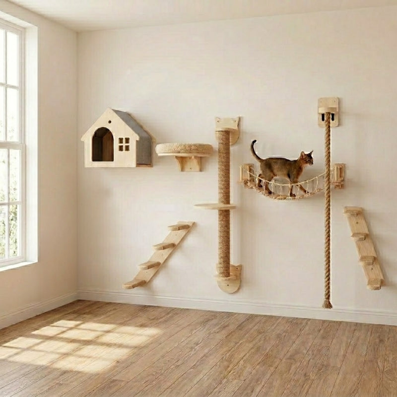 Parcours Mural Chat Complet en Bois Naturel — Pack Aventure | LesMistigris
