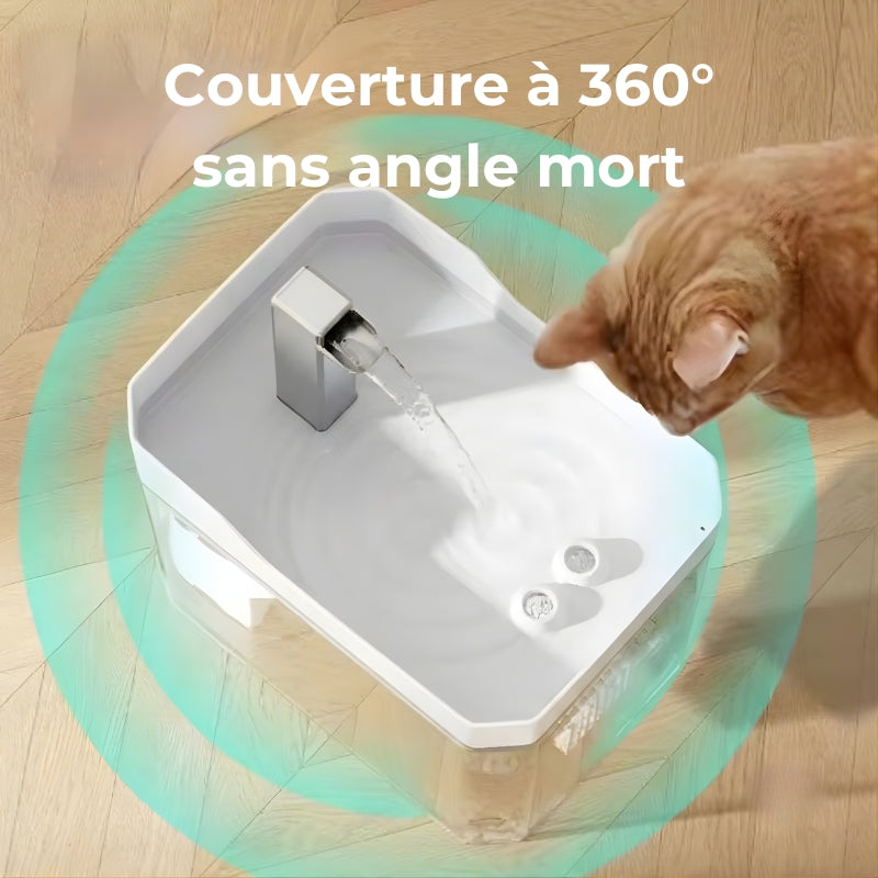 Fontaine eau chat silencieuse LesMistigris — réservoir transparent niveau d'eau visible